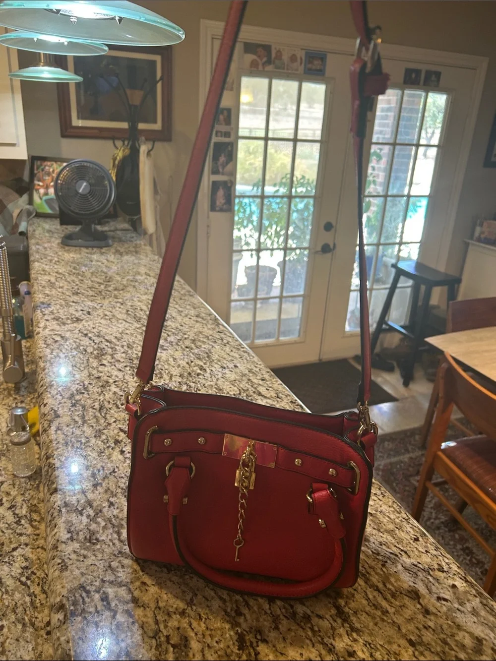 Charming Charlie Red Satchel with Gold Lock Charm